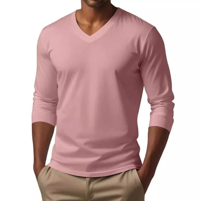 Men's Casual V-neck Cotton Blended Slim Fit Long Sleeve T-shirt