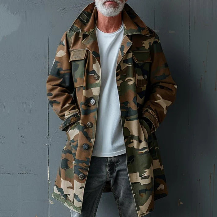 Men's Camouflage Mid-Length Cargo Trench Coat