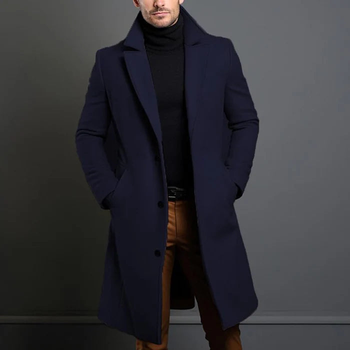 Men’s Solid Notch Lapel Single-breasted Mid-Length Coat