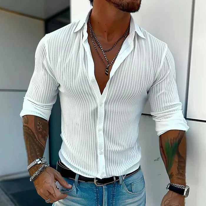 Men's Solid Color Striped Lapel Long Sleeve Shirt