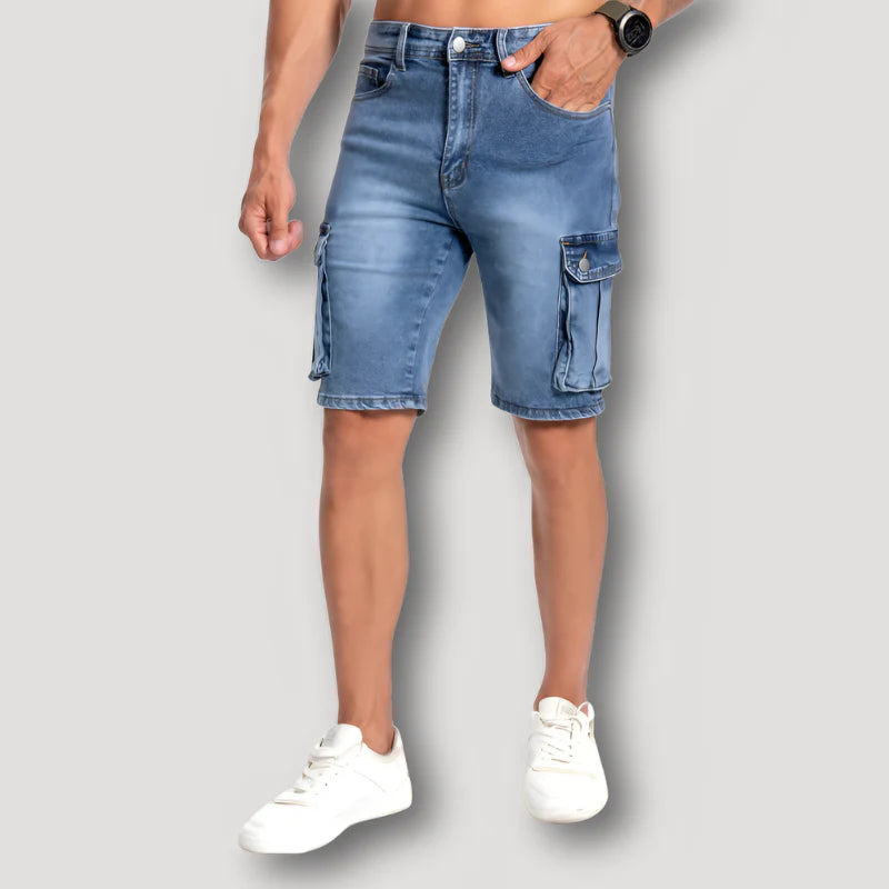 Men's Stylish Blue Washed Skinny Denim Cargo Shorts