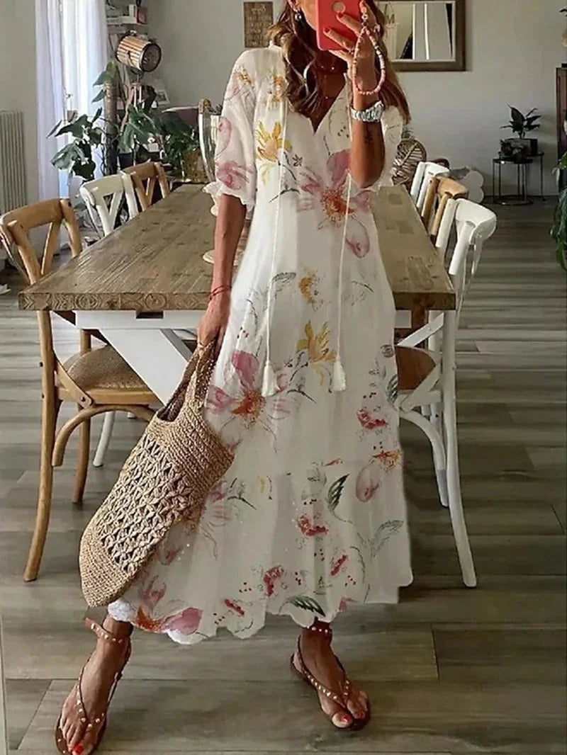 Women's Boho Maxi Dress with Floral Print