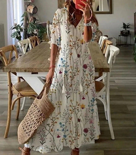 Women's Boho Maxi Dress with Floral Print