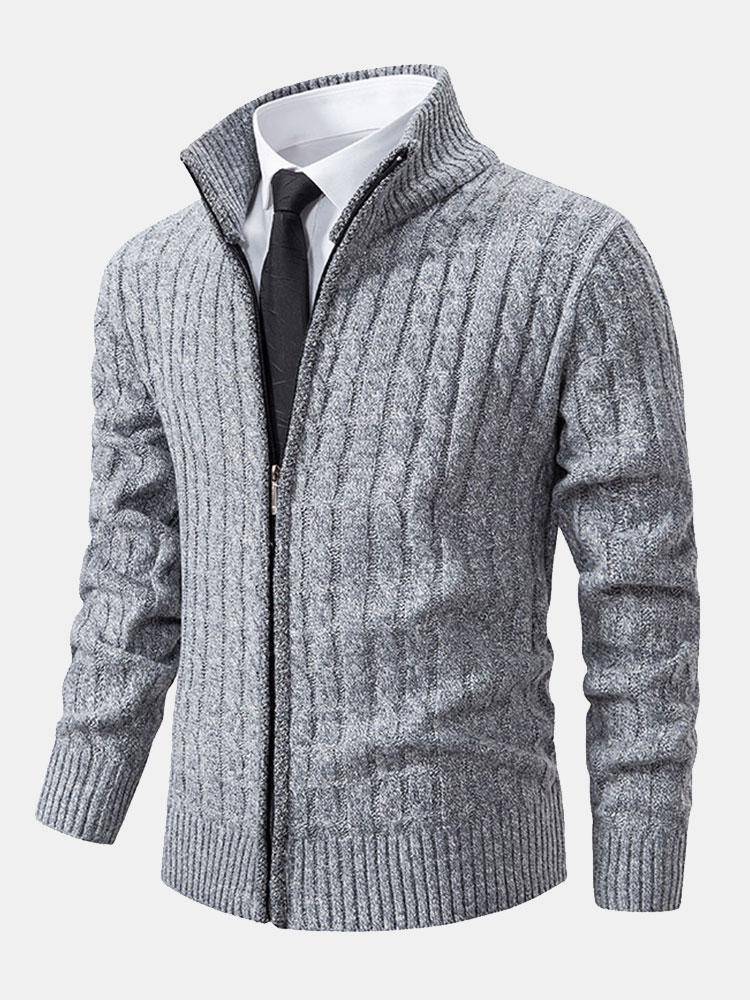 Zipped Cable Knit Cardigan with Ribbed Hem - Armoire Melbourne