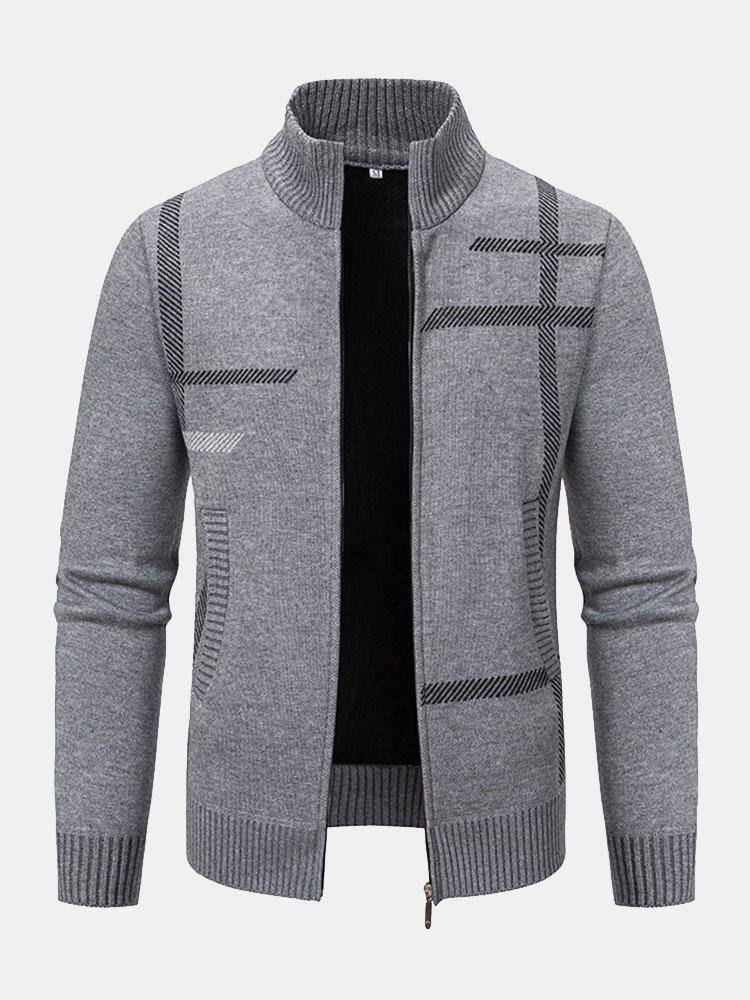 Zipped Patterned Knit Cardigan with Ribbed Trim - Armoire Melbourne