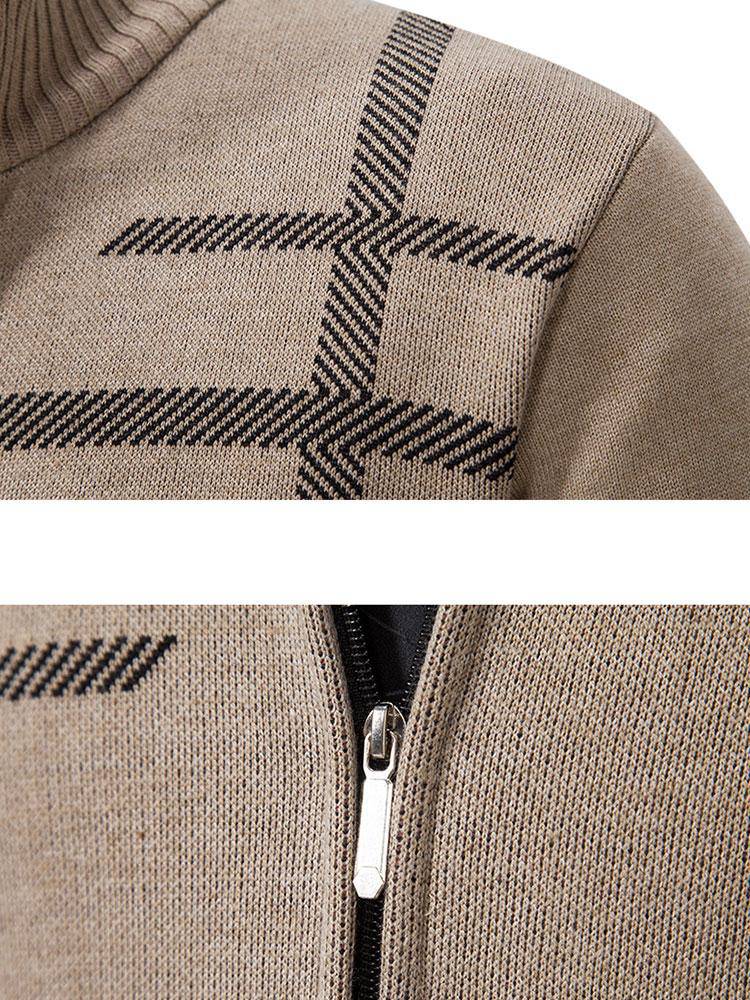 Zipped Patterned Knit Cardigan with Ribbed Trim - Armoire Melbourne
